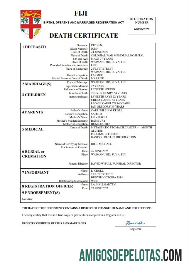 Realista modelo Word e PDF de certidão de óbito de registro vital de Fiji
